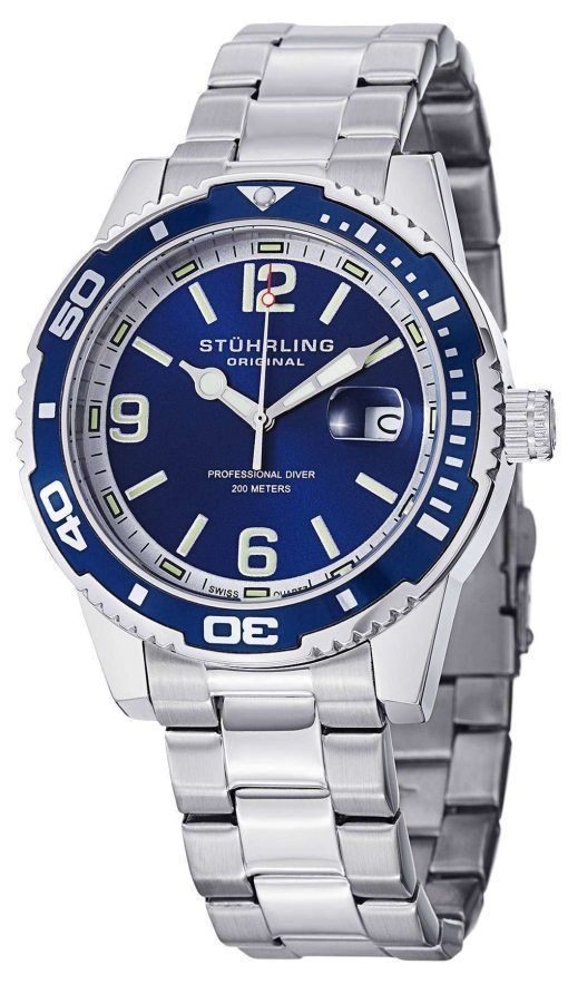 Stuhrling Original Regatta Aquadiver 200M Swiss Quartz Blue Dial 415.02 Mens Watch