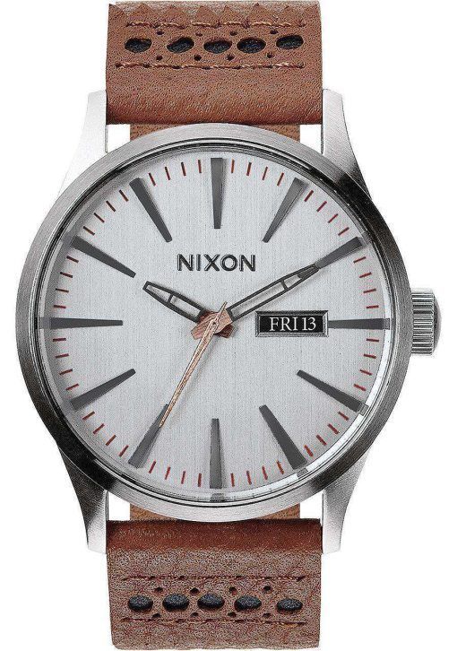 Nixon Quartz Sentry Leather Silver Dial A105-1752-00 Mens Watch