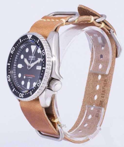 茶色の革ストラップ メンズ腕時計セイコー自動 SKX007J1 LS18 ダイバー 200 M 日本
