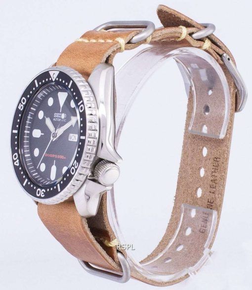 セイコー自動 SKX007K1 LS18 ダイバー 200 M 茶色の革ストラップ メンズ腕時計
