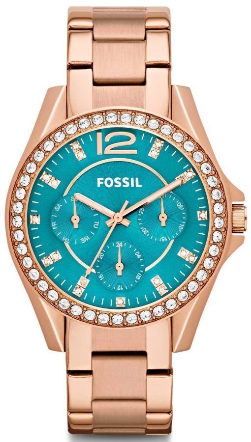 化石ライリー多機能ローズ ゴールド トーン ターコイズ ブルー ダイヤル ES3385 レディース腕時計