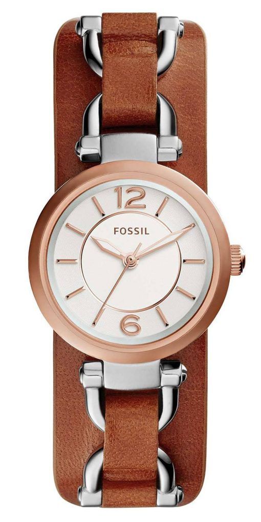 化石グルジア職人ホワイト ダイアル ブラウン レザー ES3855 レディース腕時計