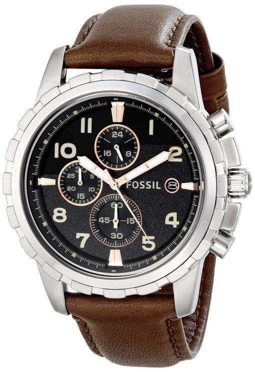 化石ディーン クォーツ、クロノグラフ ブラック ダイアル ブラウン レザー FS4828 メンズ腕時計