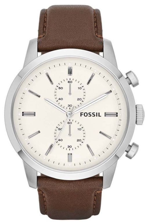 化石町民クォーツ クロノグラフ ホワイト ダイアル ブラウン レザー FS4865 メンズ腕時計