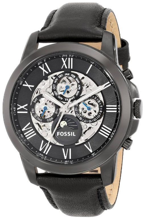 化石を与える自動黒スケルトン ダイヤル黒革 ME3028 メンズ腕時計