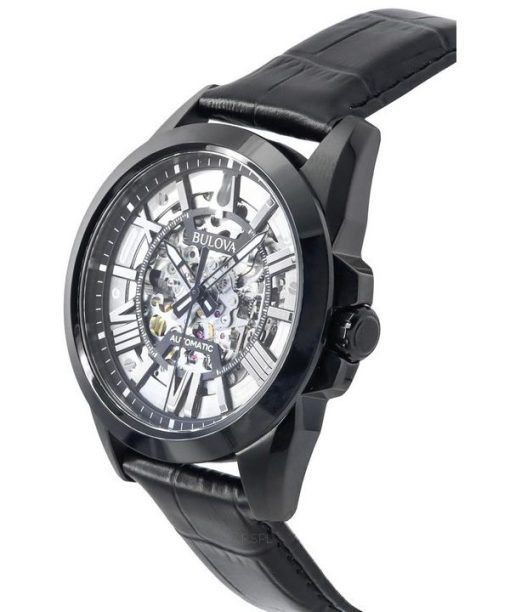 ブローバ クラシック サットン レザー ストラップ シルバー スケルトン ダイヤル 自動巻き 98A304 100M メンズ腕時計
