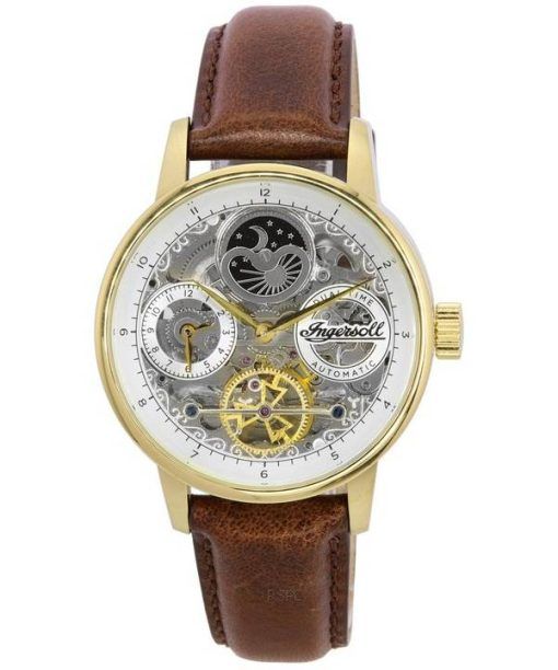 Ingersoll ザ ジャズ ムーンフェイズ レザーストラップ スケルトン ゴールド ダイヤル 自動巻き I07704 メンズ腕時計