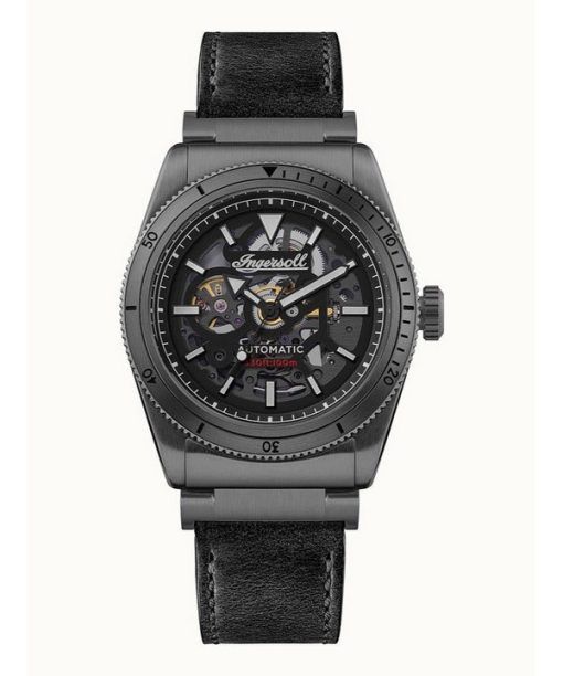 Ingersoll The Scovill ブラック レザー ストラップ ブラック スケルトン ダイヤル 自動巻き I13902 100M メンズ腕時計
