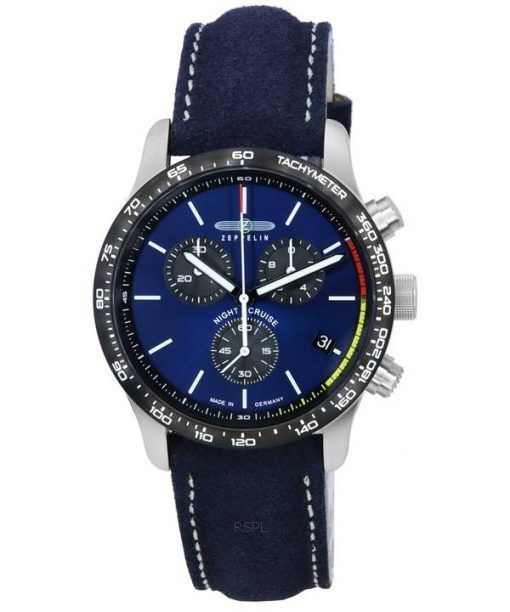 ツェッペリン ナイト クルーズ クロノグラフ レザーストラップ ブルー ダイヤル クォーツ 7288-3 100M メンズ腕時計