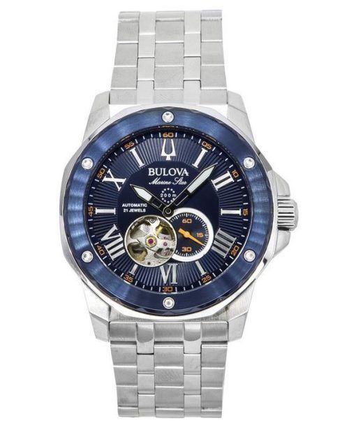 ブローバ マリーン スター ステンレススチール オープン ハート ブルー ダイヤル 自動巻き 21 宝石 98A302 200M メンズ腕時計