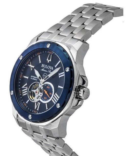 ブローバ マリーン スター ステンレススチール オープン ハート ブルー ダイヤル 自動巻き 21 宝石 98A302 200M メンズ腕時計
