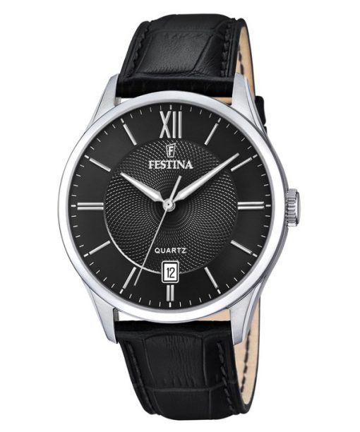フェスティナ クラシック レザーストラップ ブラック ダイヤル クォーツ F20426-3 メンズ腕時計