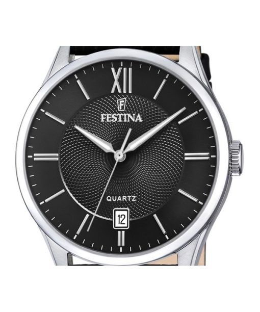 フェスティナ クラシック レザーストラップ ブラック ダイヤル クォーツ F20426-3 メンズ腕時計