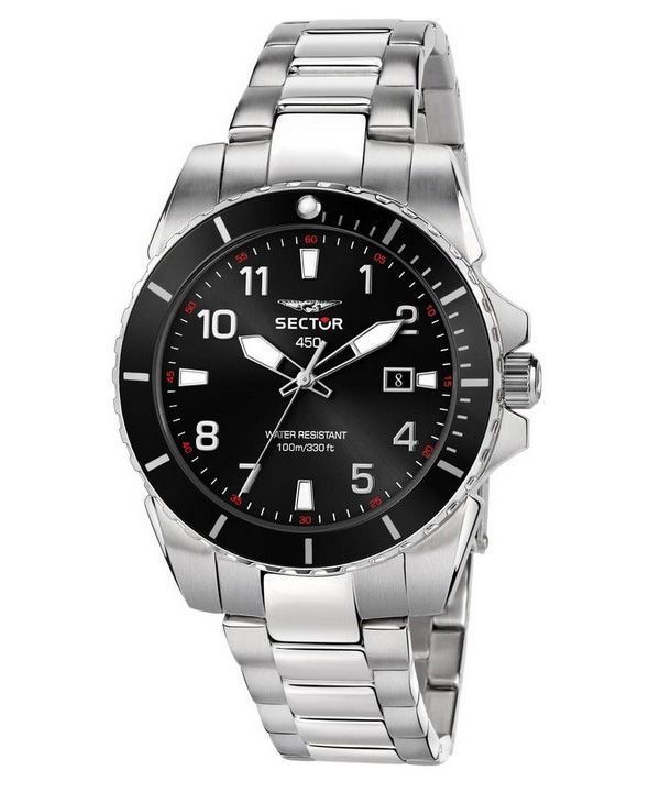 セクター 450 日付と時刻ステンレススチールブラックダイヤルクォーツ R3253276009 100M メンズ腕時計