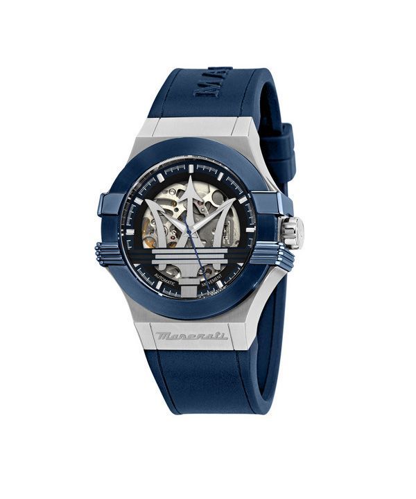 マセラティ ポテンザ ブルー ラバー ストラップ シルバー スケルトン ダイヤル 自動巻き R8821108035 100M メンズ腕時計