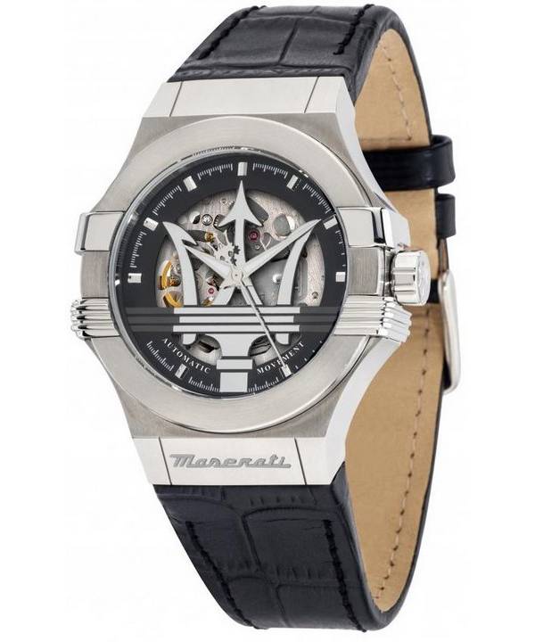 マセラティ ポテンザ レザー ストラップ スケルトン ブラック ダイヤル 自動巻き R8821108038 100M メンズ腕時計