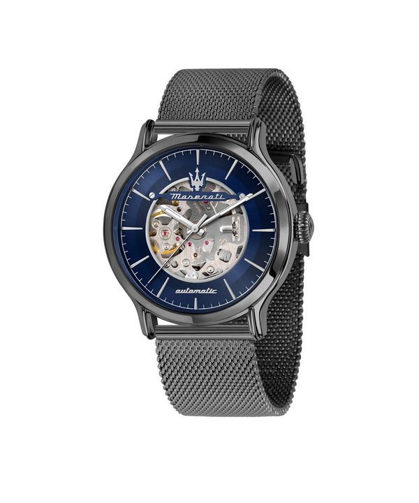 マセラティ エポカ ステンレススチール メッシュ ブレスレット ブルー スケルトン ダイヤル 自動巻き R8823118012 100M メンズ腕時計