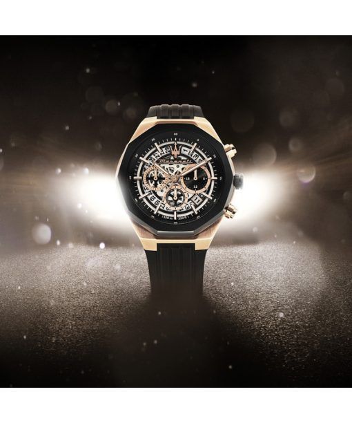 マセラティ スタイル クロノグラフ ラバーストラップ ブラック スケルトン ダイヤル クォーツ R8871642003 100M メンズ腕時計