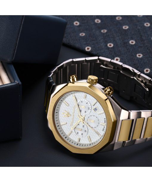 マセラティ スタイル クロノグラフ ツートーン ステンレススチール ホワイト ダイヤル R8873642009 100M メンズ腕時計