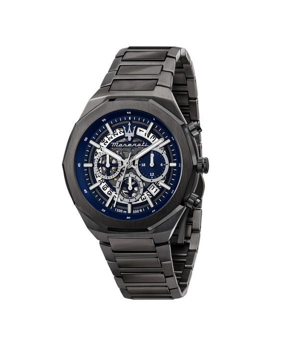 マセラティ スタイル クロノグラフ ステンレススチール ブルー スケルトン ダイヤル クォーツ R8873642012 100M メンズ腕時計