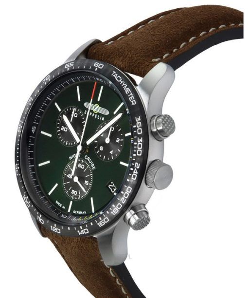 ツェッペリン ナイト クルーズ クロノグラフ レザーストラップ グリーン ダイヤル クォーツ 72884 100M メンズ腕時計