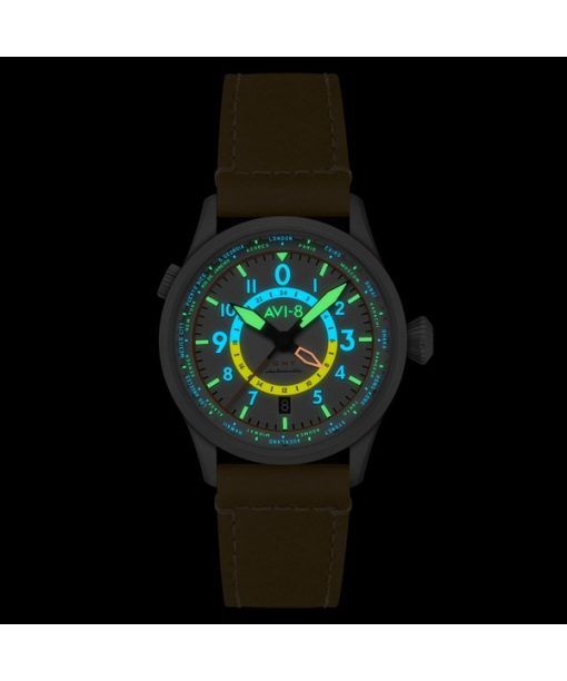 AVI-8 フライボーイ ウィングマン ワールドタイマー GMT 自動巻き サンドグリーン ストラップ クリーム ダイヤル AV-4120-02 メンズ腕時計 予備ストラップ付き