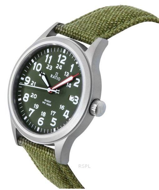 Ratio Quest メンズ フィールドウォッチ サファイア キャンバス ストラップ カーキ グリーン ダイヤル クォーツ RTQ029 100M ルイス アンド クラーク エディション