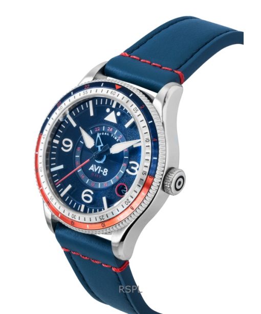 AVI-8 Flyboy Airmaster GMT Cockpit Blue Leather Strap Blue Dial Automatic AV-4128-04 Men's Watch