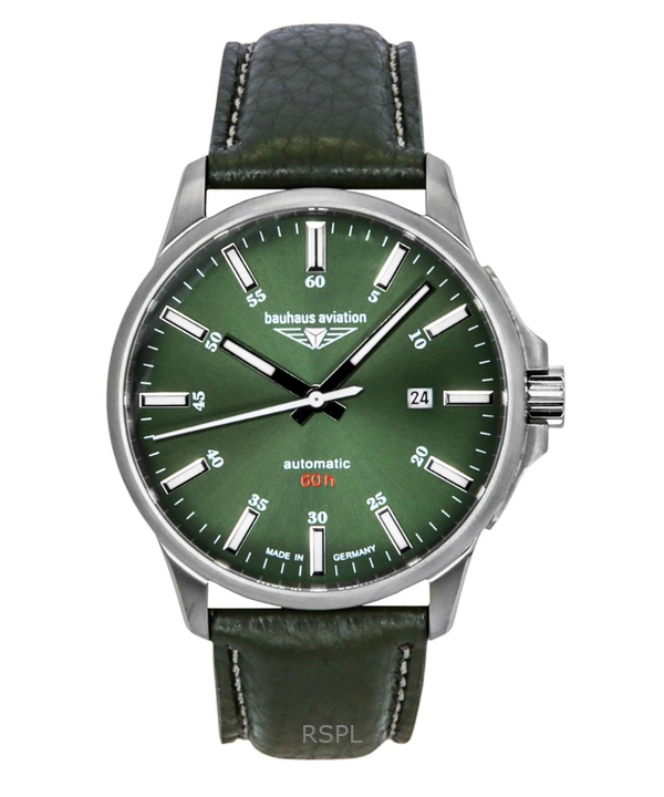 Bauhaus Aviation Leather Strap Dark Green Dial Automatic 28644 100M Men's Watch
