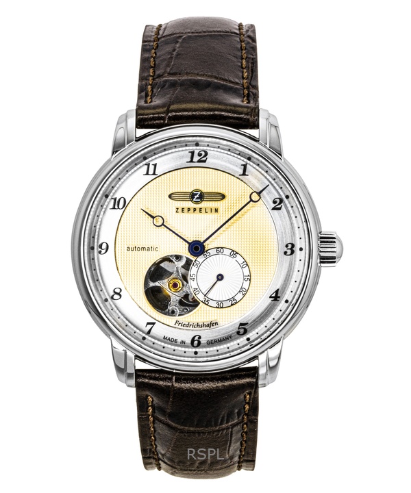 Zeppelin Friedrichshafe Brown Leather Strap Open Heart Gold Dial Automatic 85665 Men's Watch