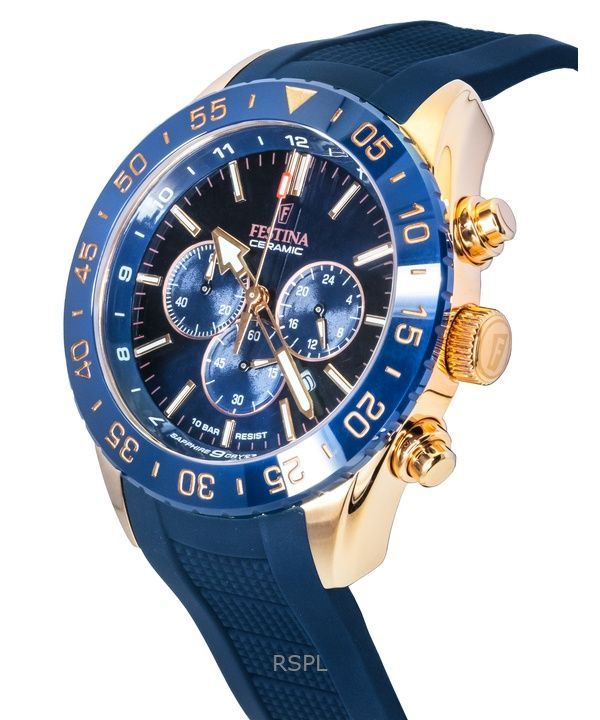 フェスティナ セラミック クロノグラフ ラバーストラップ ブルーダイヤル クォーツ F20516-1 100M メンズ腕時計